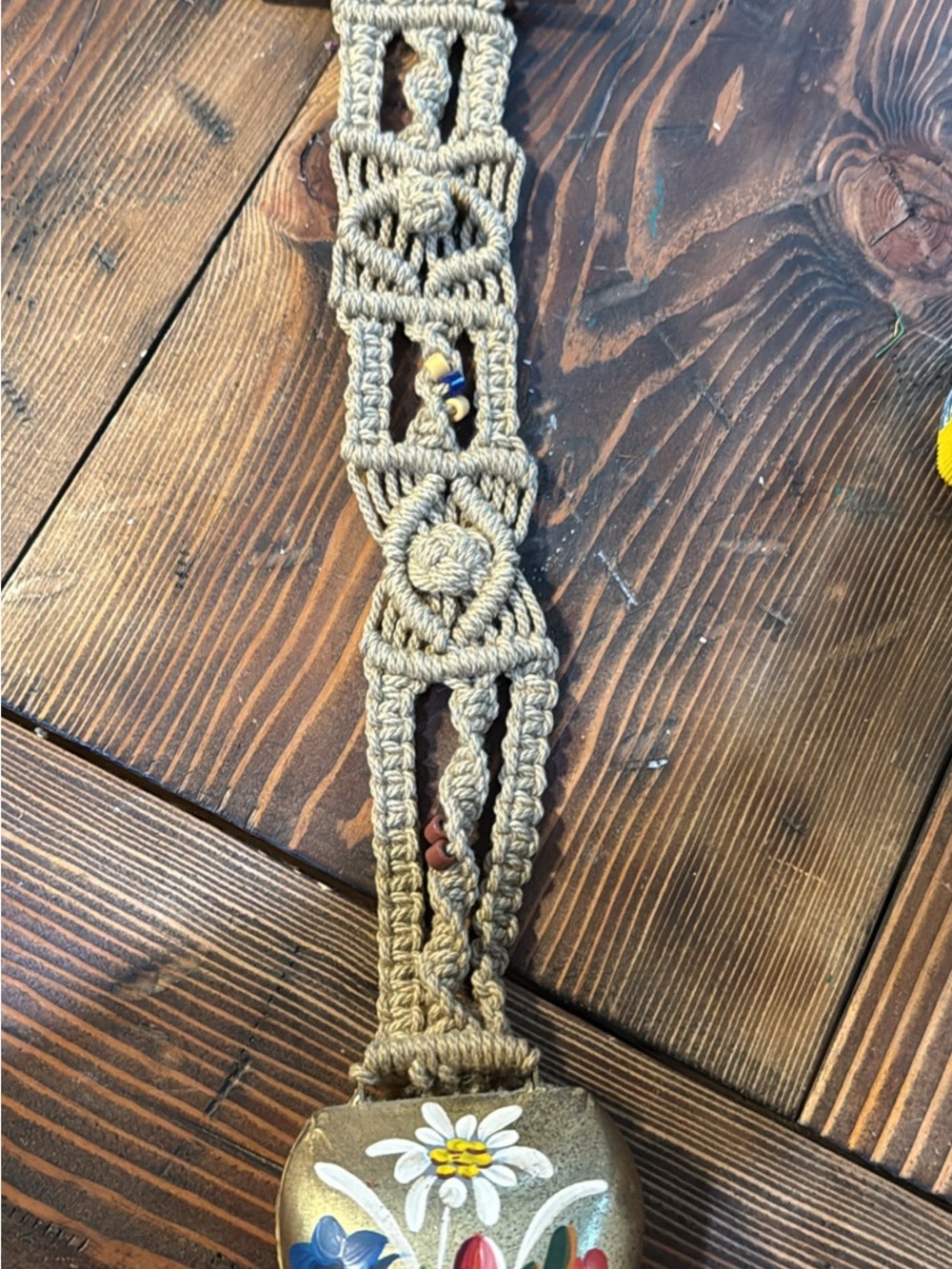 Handcrafted Macramé Strap with Painted Floral Bell Accent - Beige